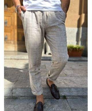 Pantaloni beige, a quadri - Lino Cotone