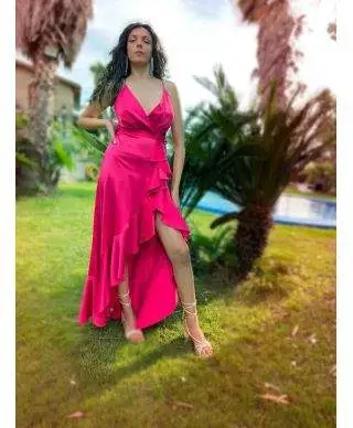 Vestito elegante - Fuxia - In raso - Sfasato - Giorgia