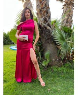 Vestito a sirena - In raso - Fuxia - Con spacco
