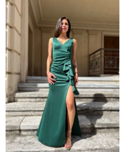 Abito a sirena - Verde bottiglia - Con spacco