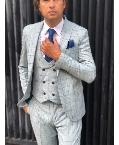 Abito uomo, Elegante - Grigio, azzurro a quadri