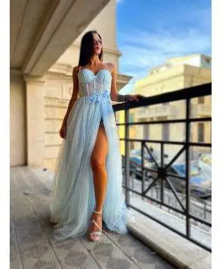 Vestito da cerimonia - Azzurro - Con spacco