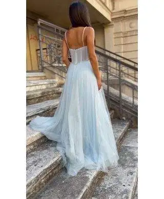 Vestito da cerimonia - Azzurro - Con spacco