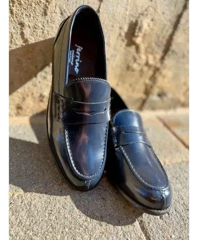 Mocassini uomo, college - Blu - Vera pelle