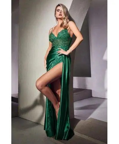 Vestito elegante, in raso - Verde - Spacco - Vestiti eleganti - Gogolfun.it