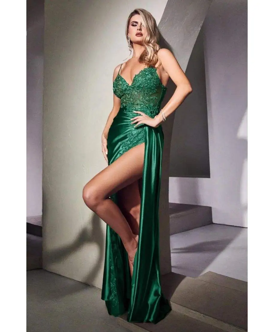 Vestito elegante, in raso - Verde - Spacco - Vestiti eleganti - Gogolfun.it