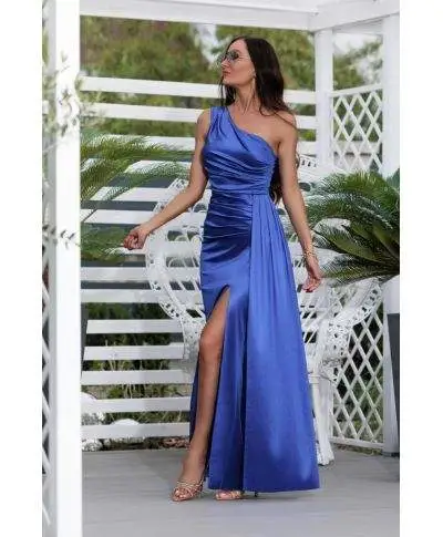 Vestito lungo elegante, monospalla - Blu