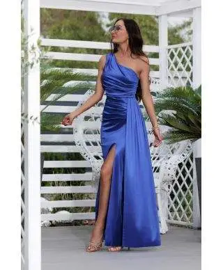 Vestito lungo elegante, monospalla - Blu