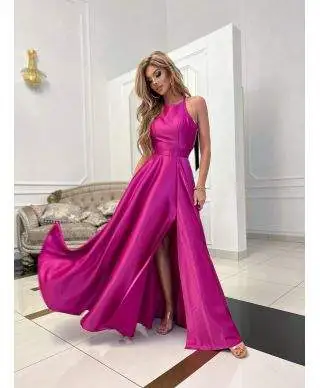 Vestito lungo elegante, fuxia - In raso - Laura