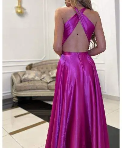 Vestito lungo elegante, fuxia - In raso - Laura