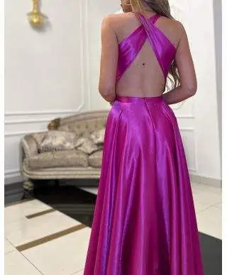 Vestito lungo elegante, fuxia - In raso - Laura