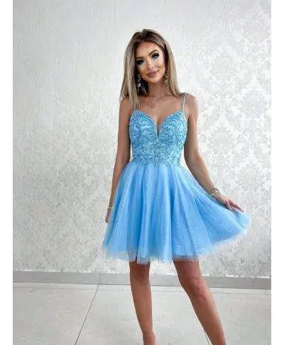 Vestito corto elegante - Azzurro - Corpetto decorato
