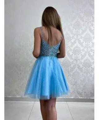 Vestito corto elegante - Azzurro - Corpetto decorato