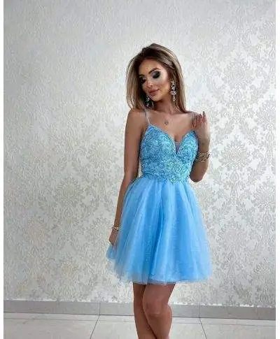 Vestito corto elegante - Azzurro - Corpetto decorato