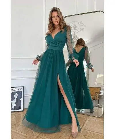 Vestito lungo con maniche lunghe in tulle - Cerimonia donna online - Gogolfun.it