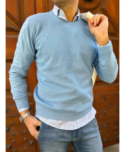Maglione uomo - In cotone - Girocollo - Azzurro