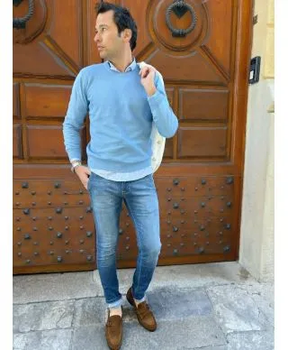 Maglione uomo - In cotone - Girocollo - Azzurro