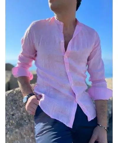 Camicia di lino, Rosa - Collo coreano - Key Jey