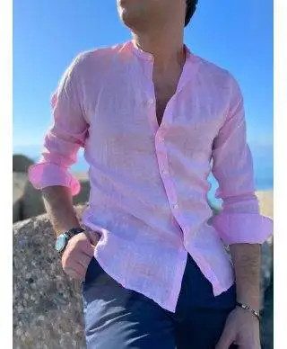 Camicia di lino, Rosa - Collo coreano - Key Jey