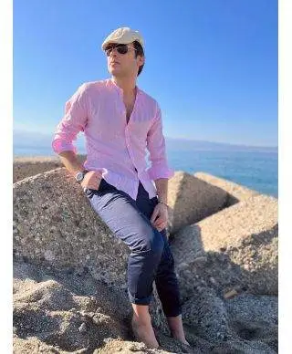 Camicia di lino, Rosa - Collo coreano - Key Jey