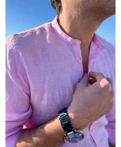 Camicia di lino, Rosa - Collo coreano - Key Jey