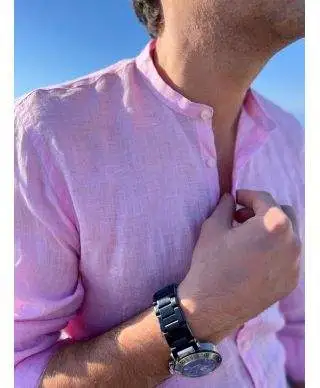 Camicia di lino, Rosa - Collo coreano - Key Jey