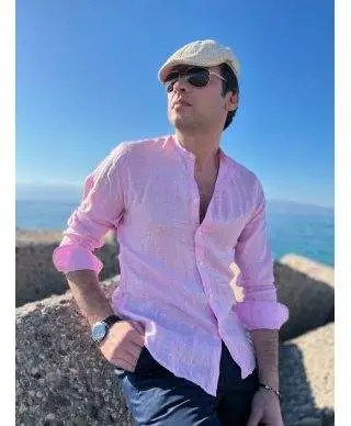 Camicia di lino, Rosa - Collo coreano - Key Jey