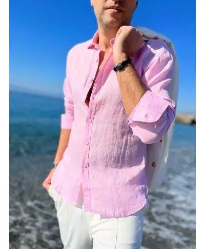 Camicia di lino, Rosa - Collo classico - Key Jey
