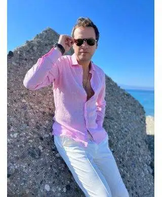 Camicia di lino, Rosa - Collo classico - Key Jey