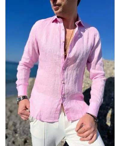 Camicia di lino, Rosa - Collo classico - Key Jey