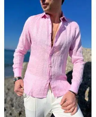 Camicia di lino, Rosa - Collo classico - Key Jey
