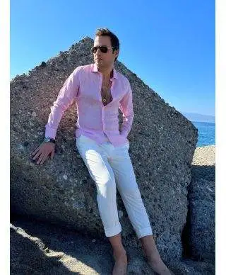 Camicia di lino, Rosa - Collo classico - Key Jey
