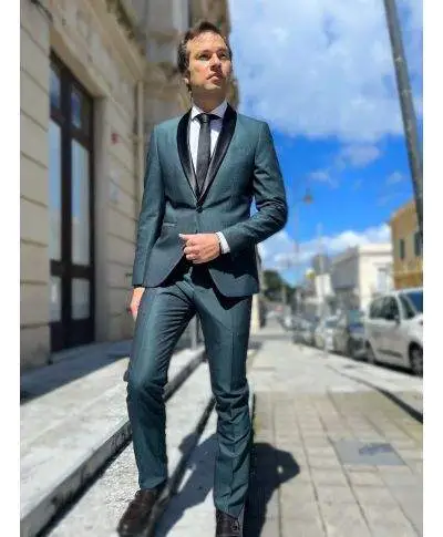 Smoking uomo, verde bottiglia - Rever nero - Made in Italy