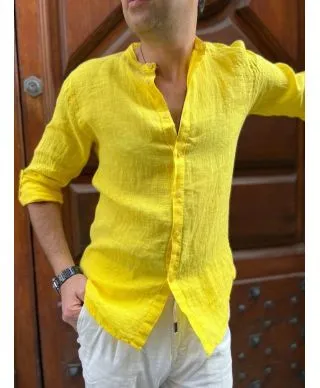 Camicia di lino - Gialla - Collo coreano
