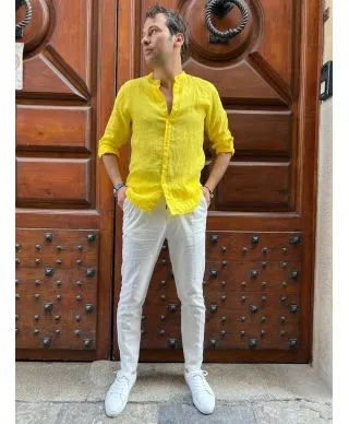 Camicia di lino - Gialla - Collo coreano