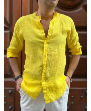 Camicia di lino - Gialla - Collo coreano