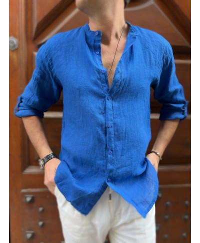 Camicia di lino, blu - Collo coreano