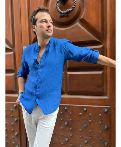 Camicia di lino, blu - Collo coreano
