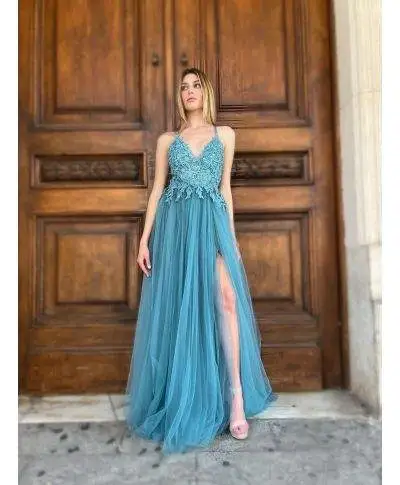 Vestito lungo elegante - In tulle - Verde Tiffany - Lexa