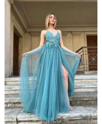 Vestito lungo elegante - In tulle - Verde Tiffany - Lexa