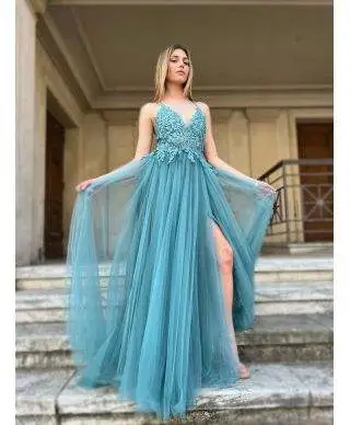 Vestito lungo elegante - In tulle - Verde Tiffany - Lexa
