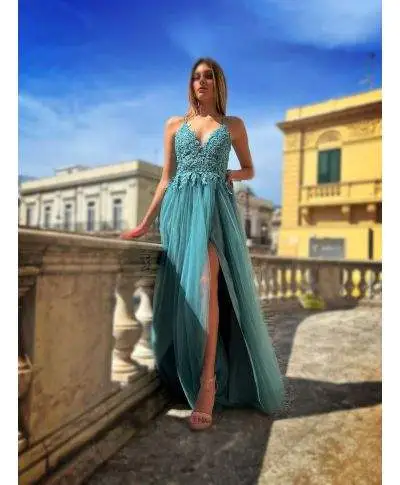 Vestito lungo elegante - In tulle - Verde Tiffany - Lexa