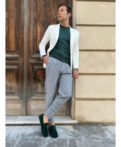 Pantaloni di lino - A righe - Grigio