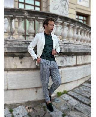 Pantaloni di lino - A righe - Grigio