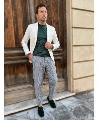 Pantaloni di lino - A righe - Grigio