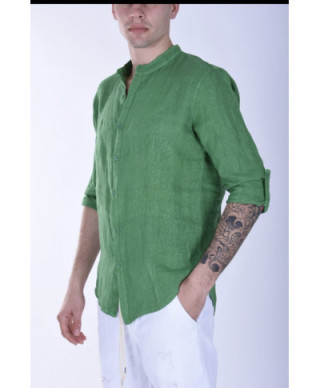 Camicia di lino, verde - Collo coreano