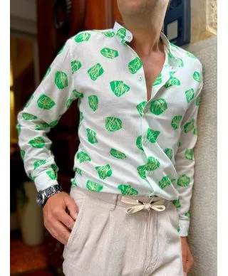 Camicia fantasia - Colletto coreano - Misto lino