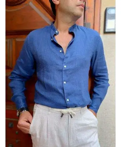 Camicia di lino - Collo coreano - Blu - Costiera
