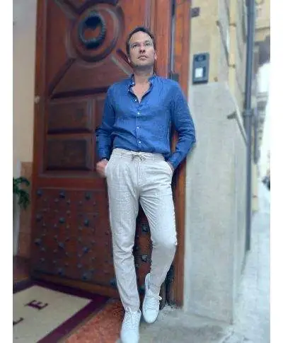 Camicia di lino - Collo coreano - Blu - Costiera