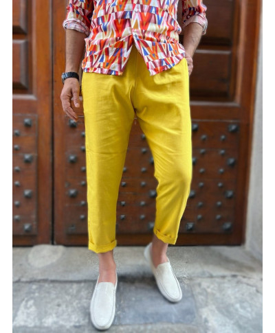 Pantaloni di lino - Gialli - Cropped - Coulisse